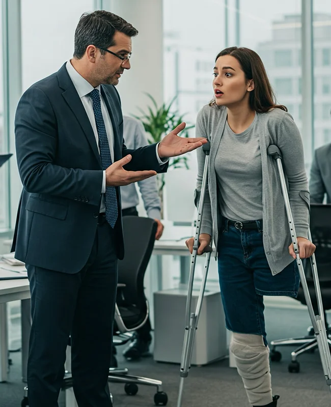 Man in a suit gestures while talking to a woman on crutches with a bandaged leg in an office. She looks surprised. The room is bright and modern.